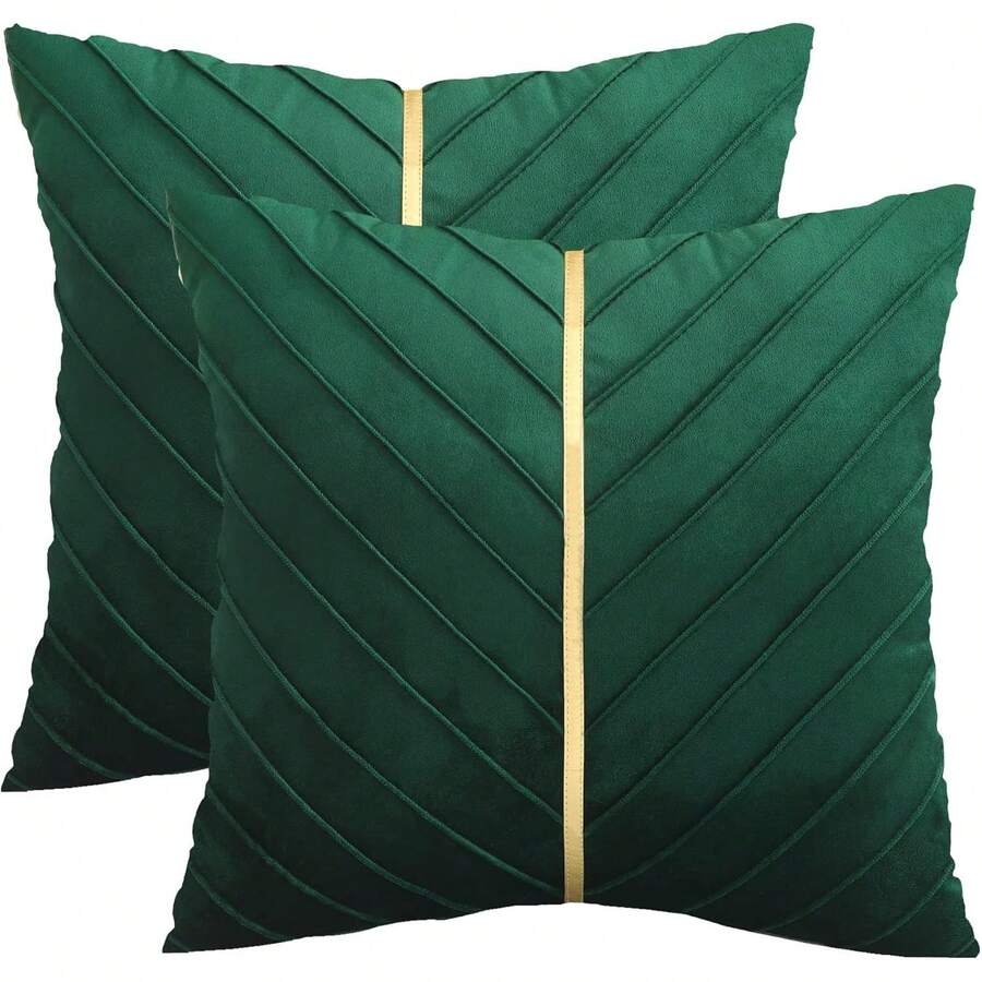 Navy Blue Velvet Throw Pillow Covers 18 X 18 Inch Pack Of 2 With Gold Leather Decor For Couch, Luxury Modern Pillowcases For Living Room, Bedroom Sofa Cushion Bed - 墨綠色 - 查看 1