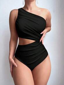 2026 Spring/Summer New Beach Vacation Sexy Slimming High-End Women's Sweet And Fragrant Style Swimming Swimsuit Cut Single Shoulder Black One-Piece Swimsuit Summer Version - 黑色 - 查看 2