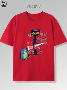 [Sporty T-Shirt]Vibrant Music Guitar Kitten Print T-Shirt -220g, Pure Cotton Short Sleeved Round Neck Top, Fashionable And Casual Boutique Men's T-Shirt - High-Quality Cartoon Print, Soft And Breathable, Perfect For Music Enthusiasts And Kitten FansRelaxed Plus Size T-Shirt - Đỏ - Xem 6