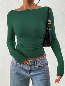 Women's Fall Long-Sleeve Shirt With Side Pleats Basic Boat Neck T-Shirt Casual Slim-Fit Ribbed Knit Cropped Top - Màu xanh lá cây đậm - Xem 4
