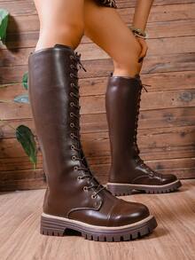 2025年圣诞节女士最新款侧拉链紧身靴，棕色系带过膝高筒靴，侧拉链靴，摩托车靴，复古厚底防寒内衬中筒靴，英伦风时尚靴子，马靴，加大码 - 棕色 - 查看 5
