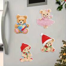 7 piezas Imanes de nevera de pintura de diamantes - Patrón de oso de peluche con gorro de Papá Noel, Kit de pintura de diamantes DIY, Efecto de diamante asimétrico brillante, Ideal para decoración del hogar y regalos de Navidad