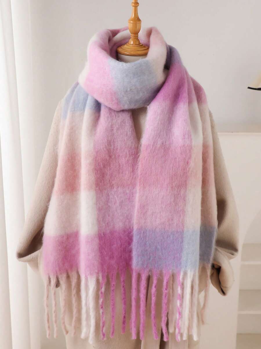 1 Pc Women Winter Scarf Horsehair Colored Striped Plaid Imitate Cashmere Shawls And Wraps Thick Warm Lady's Fashion Tassel Pull Plush Scarves Outdoor Women Shawl For Dress