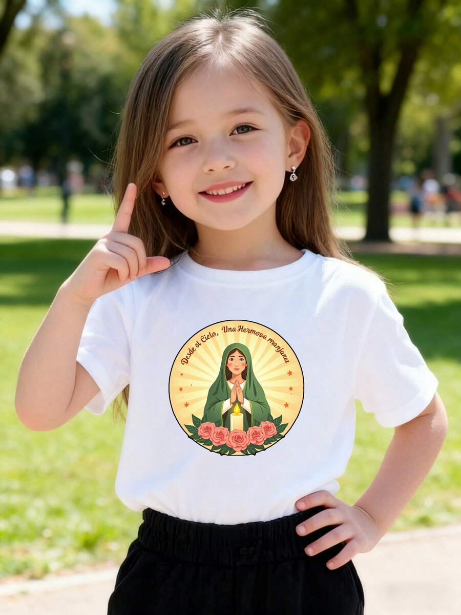 Playeras de niño Virgen María Con Rosas y Resplandor Solar camisas para niño conjuntos para adolescentes Camisetas de niña Camiseta de Halloween para niñas Camisetas para niños y niñas La tela es suave, transpirable y cómoda, hecha de puro algodón. - Blanco - Ver 1
