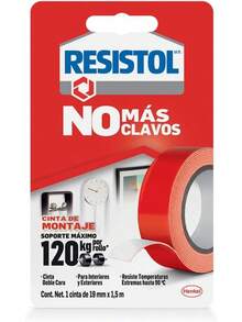 Resistol No Más Clavos Cinta, cinta adhesiva instantánea, cinta doble cara para uso en interiores y exteriores, adhesivo para ensambles, cinta de 19mm x 1,5m, 120 kg - 120 kilos - Ver 1