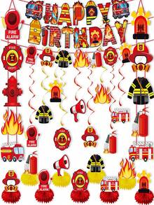 1/2/4 Set, Coppie di carta per porta di compleanno da vigili del fuoco, design vivace di camion dei pompieri e soccorso dei vigili del fuoco, carta resistente, adatto per compleanno, anniversario, festa, decorazione della casa, decorazione della stanza - Multicolore - Visualizzare 8