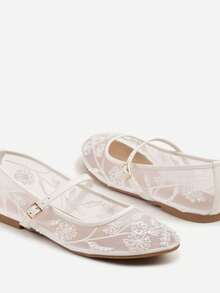 Mesh Ballet Flats With Embroidery And Buckle - White - View 6