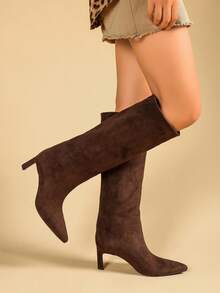 Tacones de gatito de punta fina de estilo occidental de unicolor para otoño/invierno - Marrón - Ver 2