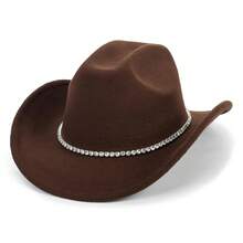 Women Sparkly-Rhinestone Western-Cowgirl-Hat Glitter-Bling Cowboy-Hat Felt-Rodeo-Hat For Disco-Party Medium/Large{"Size_name":"Medium-Large","Color_name":"OneRhinestoneDecor-Brown"} - One 水鑽裝飾棕色中大號 - 查看 4