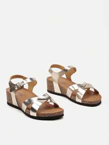 Silber Kork Keilsandalen Damen Sommer Lässig Reise - Gold - Übersicht 5