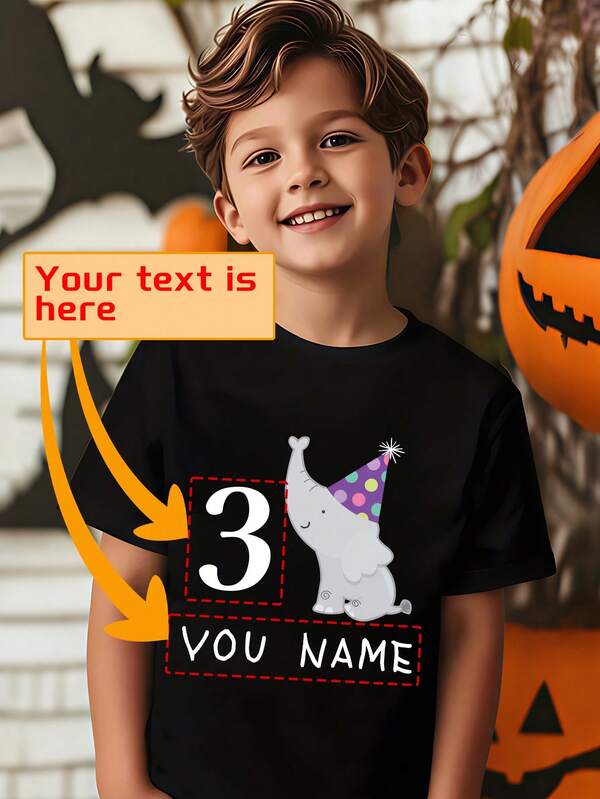 Customized Printed Children's Fashion T-Shirts- Elephant Birthday Party Number Name Printed With Your Favorite Name, Children's Pattern T-Shirts, Custom Autumn And Winter Clothing, Halloween, Thanksgiving, Christmas, Fast Delivery