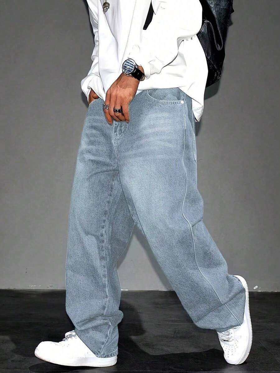Men's Retro Loose Fit Jeans, Versatile Casual Wear For All Seasons - Light Wash - View 1