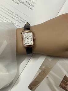 女士单件式PU表带小方罗马数字小表盘复古英文风格小众轻奢时尚石英表，适合日常佩戴 - 玫瑰金 - 查看 3