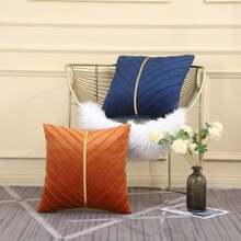 Navy Blue Velvet Throw Pillow Covers 18 X 18 Inch Pack Of 2 With Gold Leather Decor For Couch, Luxury Modern Pillowcases For Living Room, Bedroom Sofa Cushion Bed - 橘色 - 查看 5
