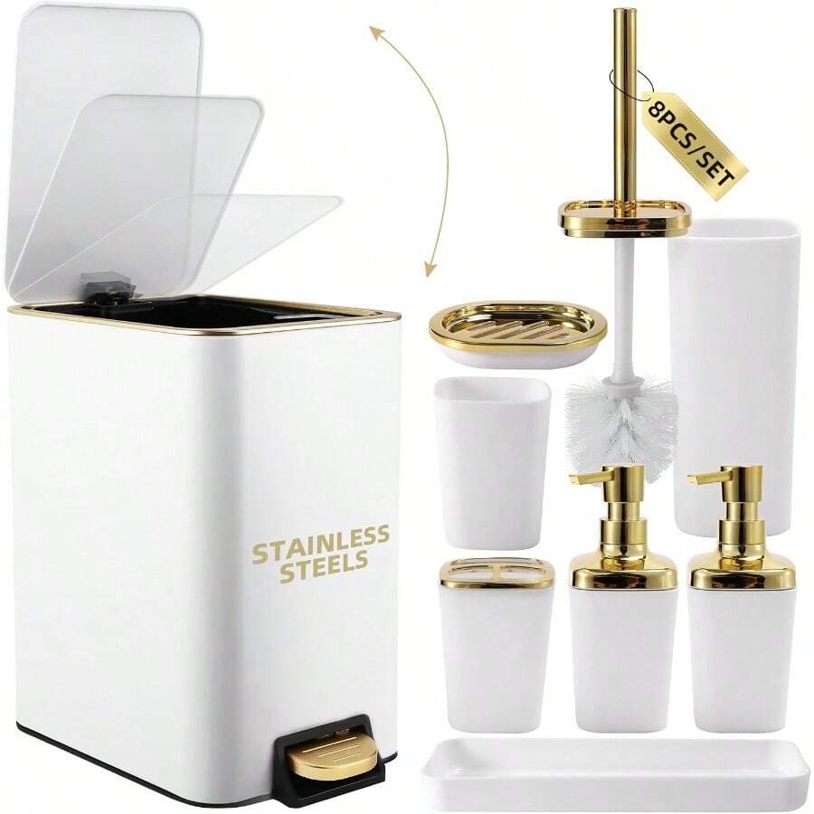 XLHOMO White Bathroom Accessories Set 8 Piece White And Gold Bathroom Set Bathroom Sets With Stainless Steel Trash Can Toilet Brush Toothbrush Set Soap Dispenser - White - View 1