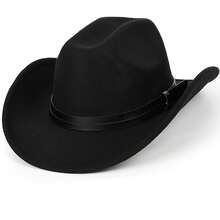 Women Sparkly-Rhinestone Western-Cowgirl-Hat Glitter-Bling Cowboy-Hat Felt-Rodeo-Hat For Disco-Party Medium/Large{"Size_name":"Medium-Large","Color_name":"Black-DoublePuLeather"} - 黑色-雙層PU皮革中大號 - 查看 1