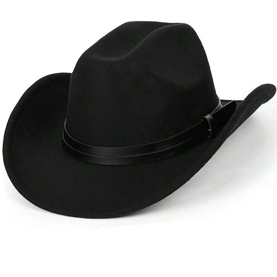 Women Sparkly-Rhinestone Western-Cowgirl-Hat Glitter-Bling Cowboy-Hat Felt-Rodeo-Hat For Disco-Party Medium/Large{"Size_name":"Medium-Large","Color_name":"Black-DoublePuLeather"} - 黑色-雙層PU皮革中大號 - 查看 1