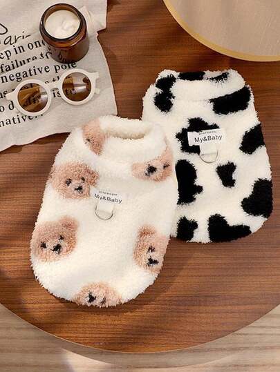 Cute Bear Cow Print Pet Clothes - Soft Fluffy Fleece Dog Sweater With Leash Ring, Warm Comfortable Cat Vest For Small Medium Dogs & Cats, Stylish Pet Apparel For Daily Wear, Cold Weather, Photoshoots, Multiple Colors