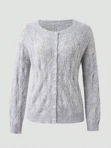 Cardigan elegante a girocollo con maniche lunghe e bottoni in perla, di colore grigio tinta unita, adatto per l'ufficio, feste e occasioni sociali in autunno | Comodo da indossare