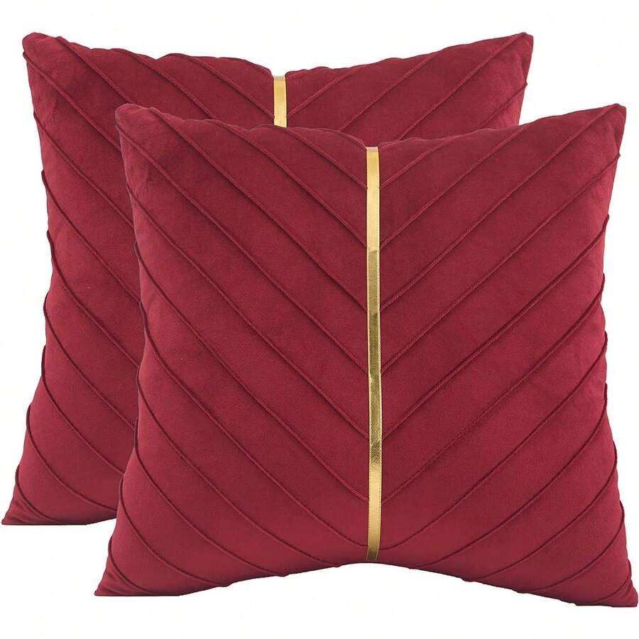 Navy Blue Velvet Throw Pillow Covers 18 X 18 Inch Pack Of 2 With Gold Leather Decor For Couch, Luxury Modern Pillowcases For Living Room, Bedroom Sofa Cushion Bed - 紅色 - 查看 1