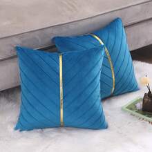 Navy Blue Velvet Throw Pillow Covers 18 X 18 Inch Pack Of 2 With Gold Leather Decor For Couch, Luxury Modern Pillowcases For Living Room, Bedroom Sofa Cushion Bed - 湖藍色 - 查看 5