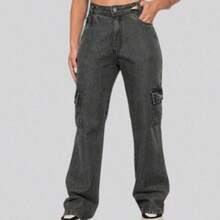 Calça Cargo Grafite  Feminina Cintura Alta  Simples    Casual  elegante  Festa    Bolso  Botão  Zíper    Escola  Diário