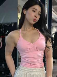 女士瑜伽运动文胸无袖露脐运动上衣，弹力健身运动背心，透气 - 粉色 - 查看 15