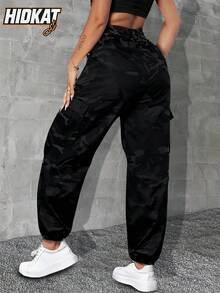 Hidkat Pantalones cargo de mujer ligeros y delgados con camuflaje, con bolsillos grandes, cintura elástica con cordón, pantalones deportivos transpirables, adecuados para actividades al aire libre diarias en primavera y otoño, color negro - Negro - Ver 3