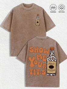 1 PCS Small Tito's Vodka Bottle Graphic (Leopard - Print), Back "SHOW ME YOUR TITOS" Lettering (Retro - Style Font) & Large Tito's Vodka Bottle Graphic (Leopard - Print), 100% Cotton Breathable Apparel Suitable For Men, Women, Vodka Enthusiasts, Streetwear Lovers, Edgy Fashion Aficionados, Party - Goers, Perfect For Casual Daily Wear, Street Style Outings, Parties, Hangouts With Friends, Music Festivals & Urban Fashion Occasions - Coffee Brown - View 1