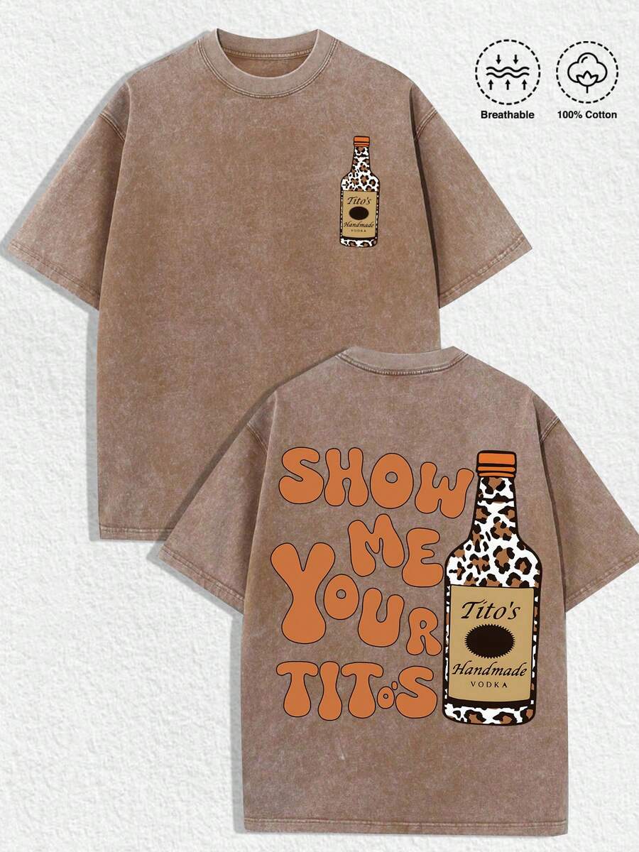 1 PCS Small Tito's Vodka Bottle Graphic (Leopard - Print), Back "SHOW ME YOUR TITOS" Lettering (Retro - Style Font) & Large Tito's Vodka Bottle Graphic (Leopard - Print), 100% Cotton Breathable Apparel Suitable For Men, Women, Vodka Enthusiasts, Streetwear Lovers, Edgy Fashion Aficionados, Party - Goers, Perfect For Casual Daily Wear, Street Style Outings, Parties, Hangouts With Friends, Music Festivals & Urban Fashion Occasions - Coffee Brown - View 1