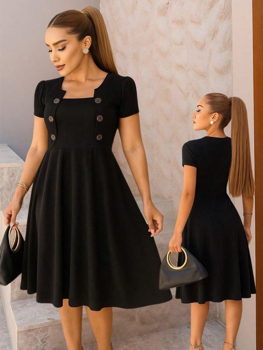 Ribbed Evangelical Midi Dress With Buttons Elegant Feminine For Party, Work And Worship Simple Mesh Buttons In The Front Tie Hem With Ruffle Midi Dress Godê Evangelical Fashion Dating Holidays All - 黑色 - 查看 1