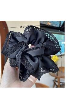Elegant Lace Embroidered Scrunchies, Double-Layer Hair Ties, Ponytail Holder, Hair Scrunchies, Hair Accessories, Solid Color, Polyester, Suitable For All Seasons ,Scrunchy Hair Ties Makeup Home Gym Woman Accessories Head Accessories Elastic Band Hair Rubber Bands - Black - View 2
