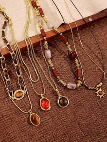 1 pieza Collar con colgante de ojo de tigre vintage, joyería de mujer con capas de colores otoñales/invernales, accesorio retro casual