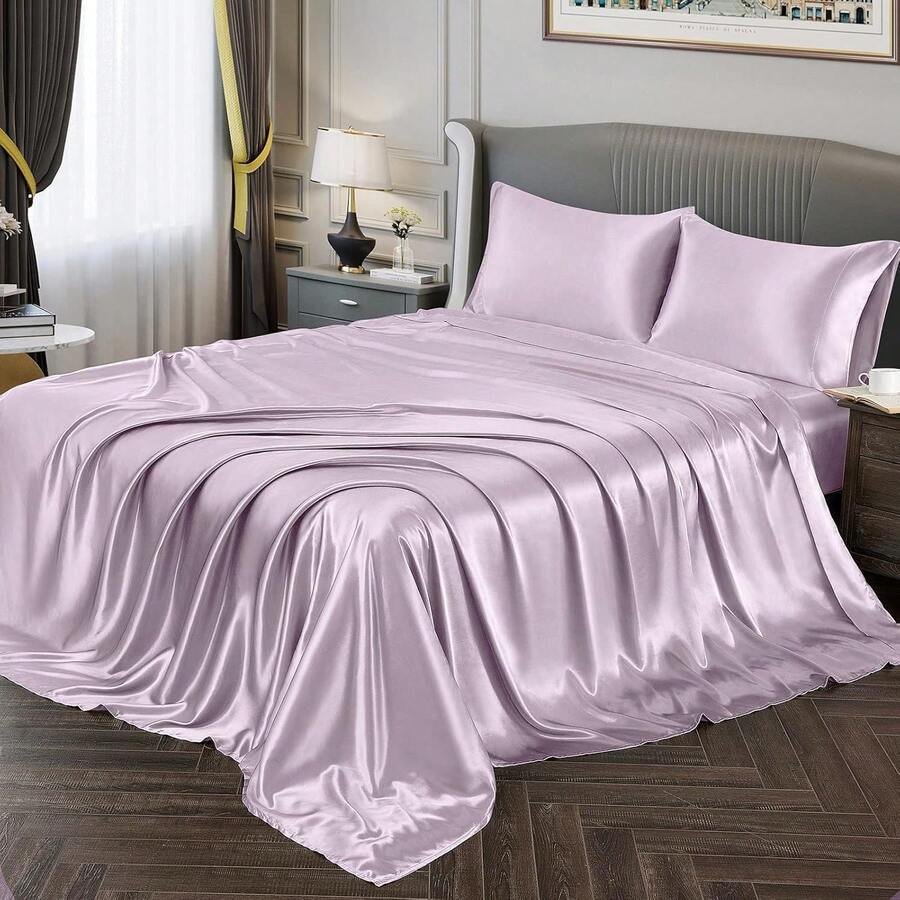 Silky Soft Pink Twin XL Satin Bed Sheets Set, 1 Deep Pocket Fitted Sheet + 1 Flat Sheet + 1 Pillowcase, In 2025 - 奢華薰衣草 - 查看 1