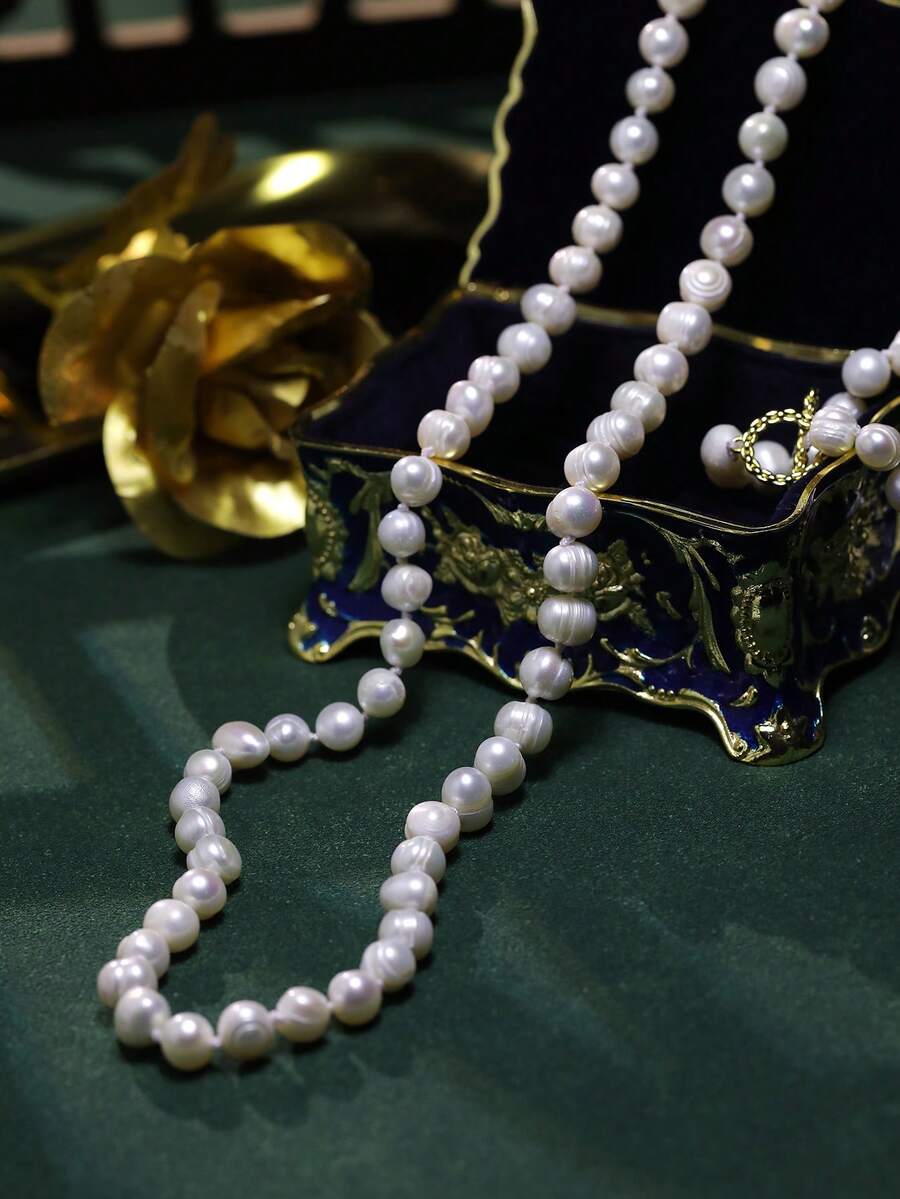 1 Stück Damen Mode eleganter asymmetrischer Perlenkette mit Doppelschicht Lässig Langarm Pullover, geeignet für die Hochzeitssaison