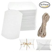 50 Pieces Paper Pillow Boxes Party Gift Pillow Box Pillow Candy Boxes Wedding Favour Pillow Box With 50 Jute Rope For Birthday Wedding Anniversary Christmas Party Decoration White