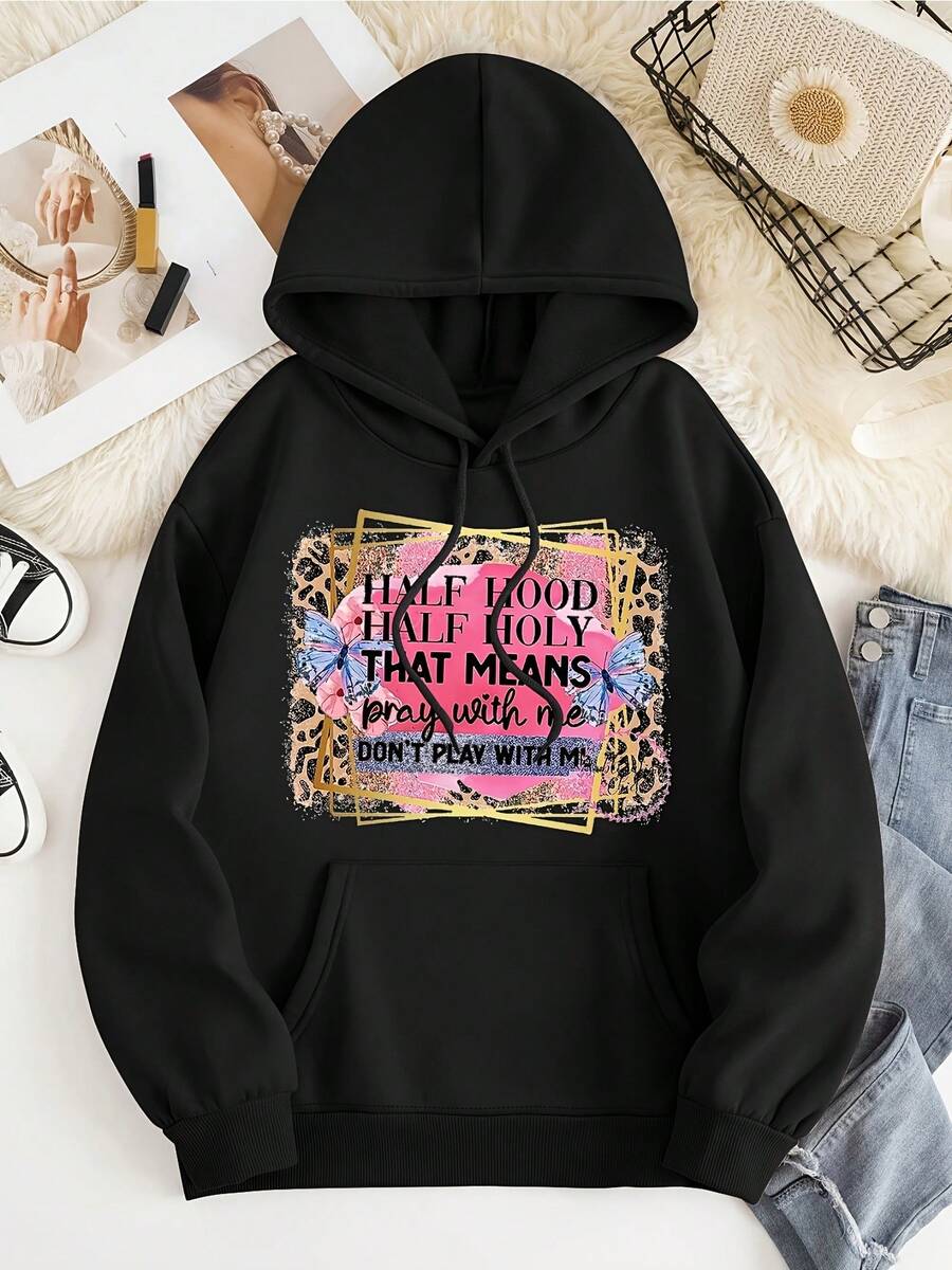 Half Hood Half Holy Print Hoodie, Casual Pocket Long Sleeve Drawstring Hoodies Sweatshirt, Women's Clothing - màu đen - Xem 1