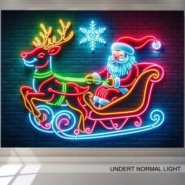 1pc Neon Santa Claus & Reindeer Sleigh Design Polyester Fluorescent Tapestry, UV Blacklight Wall Hanging, Suitable For Living Room, Bedroom, Office - Multipurpose Home/Party Decor, 59.05x78.74 Inches, Holiday Wall Decor | Festive Atmosphere | Illuminating Decor, Christmas Decoration