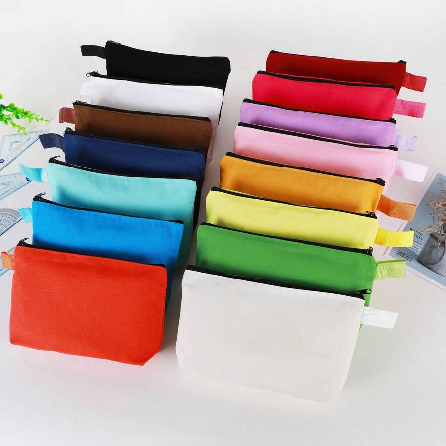 1pc Colorful Canvas Pencil Case, Zipper Style Hand-Held Makeup Bag, Organizing And Storing Stationery Bag, Multi-Color Pencil Case, Hand-Held Bag, Cosmetics Storage Hand-Held Canvas Bag, Simple And Portable,The Color Of The Handle Is Random