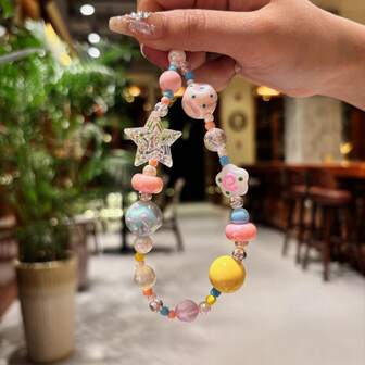 Rainbow Candy Phone Lanyard, Pink Blue Yellow Design, Marshmallow Color Phone Strap With Sprinkles Charm For Iphone