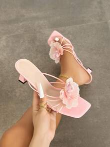 女士高跟鞋，适合春季、夏季、秋季夜晚、派对、户外活动、时尚、优雅、宴会、电镀粉色小猫跟中跟方头、闪亮交叉带、兰花装饰、高端材质、一脚蹬、性感、奢华、浅粉色、适合通勤、搭配秋季女装、凉鞋 - 淺粉色 - 查看 3