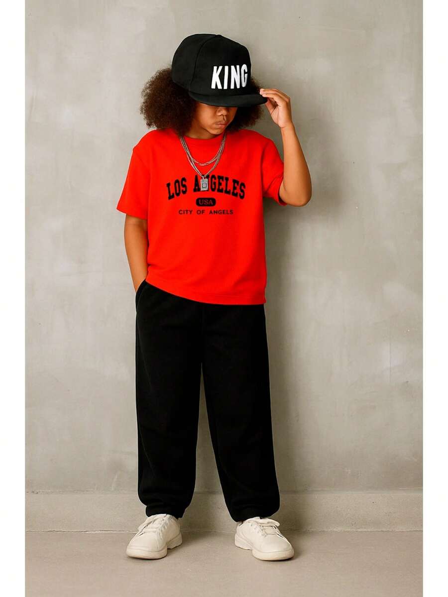 2 Piece Men's Set Straight Pants And Kids' City Of Angels Casual T-Shirt - 紅色 - 查看 1