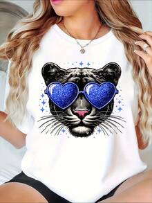 Heart Sunglasses Panther Graphic Women's Oversized T-Shirt Summer Casual Wear Party Outfit - 白色 - 查看 1
