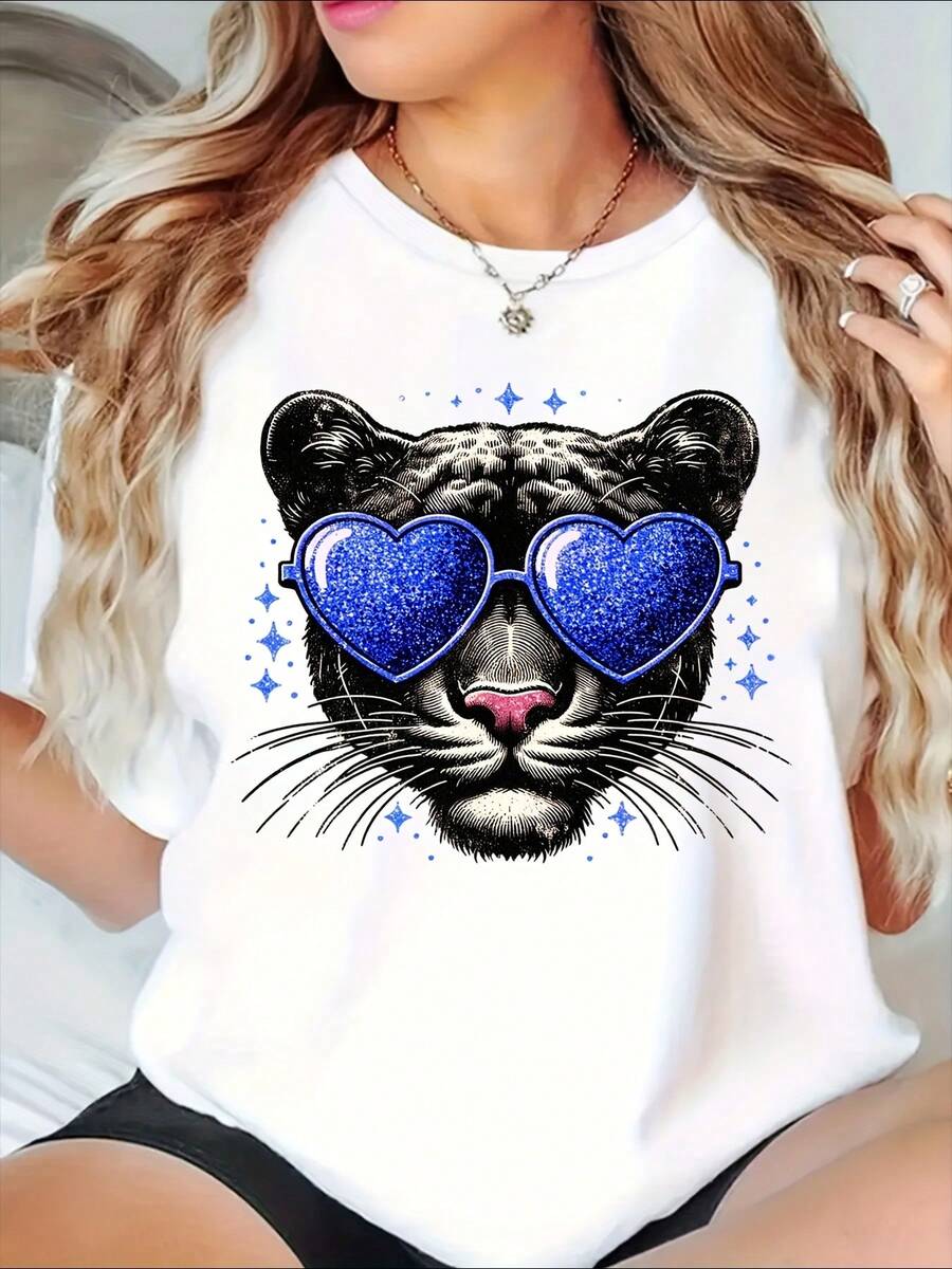 Heart Sunglasses Panther Graphic Women's Oversized T-Shirt Summer Casual Wear Party Outfit - 白色 - 查看 1