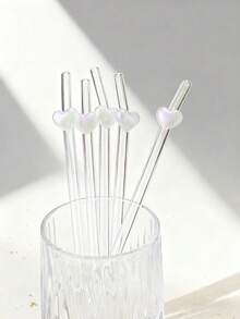 1pc/2pcs Pearl White Curved Glass Straw, Heart-Shaped Design, Elegant Reusable, Suitable For Iced Coffee/Bubble Tea/Juice, Fashionable Gift For Her/Him/Friends - Transparent - View 3