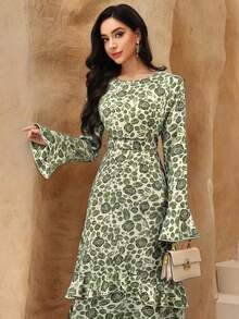 Women's Elegant Ruffle Trim Tie-Waist Flare Sleeve Dress, Spring/Summer