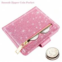 Slim Bifold Wallet RFID Credit Card Wallet Glitter Leather Small Cute Card Holder For Women, Pink{"Color_name":"GlitterPink"} - 多色5 - 查看 3