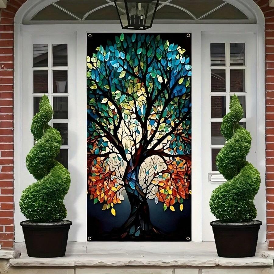 1 pièce Bannière de cantonnière d'arbre de vie vibrante - Décoration de style ferme polyester colorée avec des feuilles suspendues, convient pour les occasions spéciales, les entrées et la décoration d'intérieur