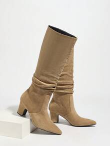 女士时尚热销尖头褶皱高跟绒面革和皮革及膝黑色靴子，秋冬 - 卡其色 - 查看 8