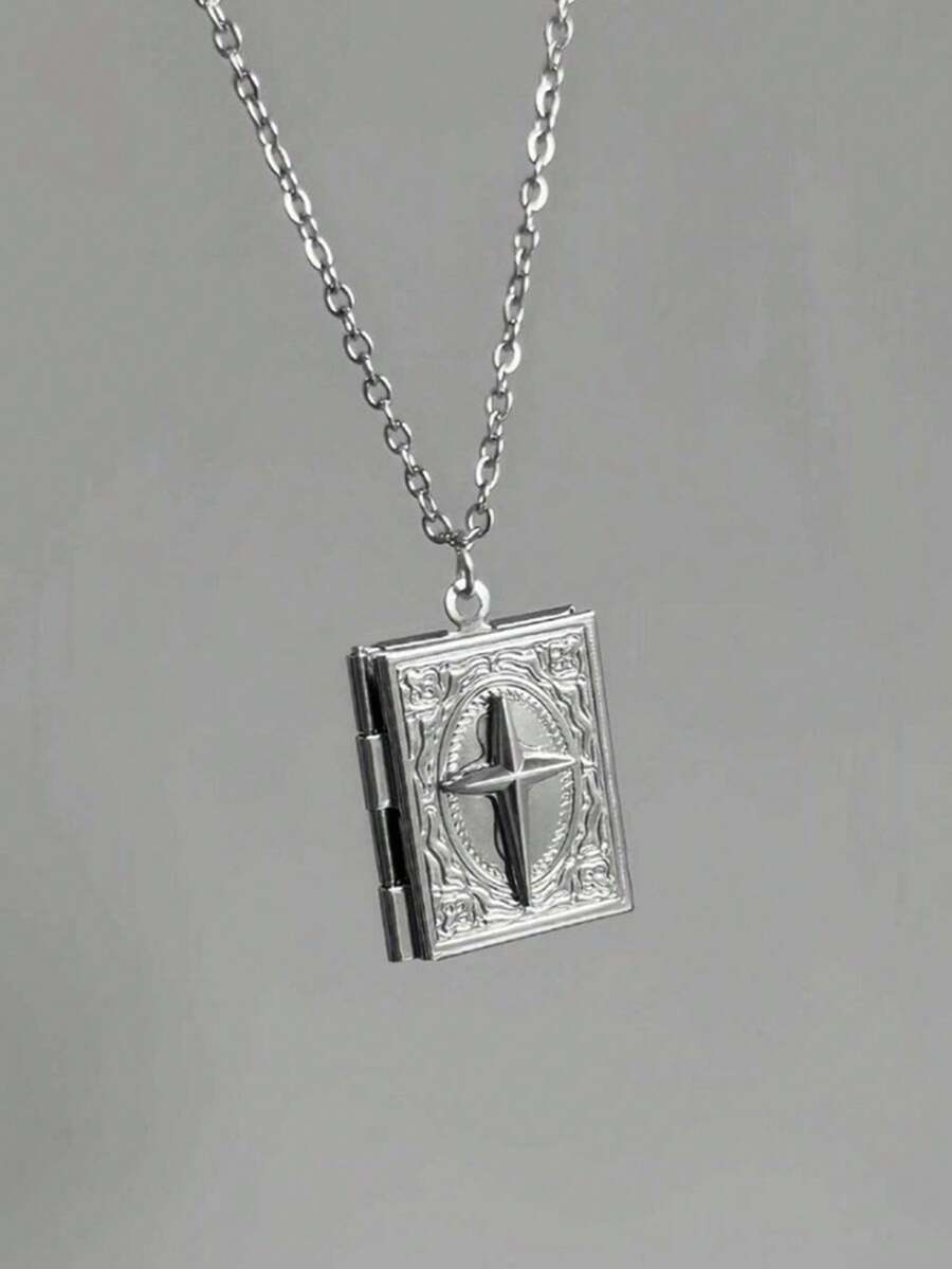 1PC Vintage Unisex Necklace Silver-Tone Flip-Open Book Pendant Suitable For Both Men And Women Everyday Wear Jewelry - vòng cổ - Xem 1